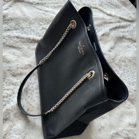 Kate Spade Large Black Leather Tote Bag with Gold Chain Laptop Compartment - Picture 7 of 12